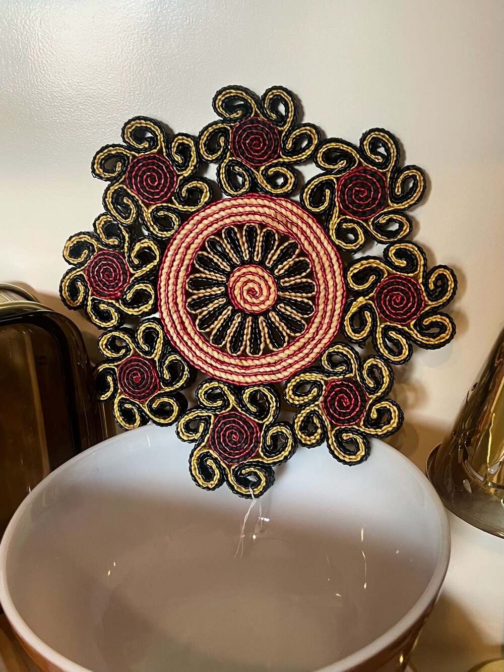 Vintage Boho Floral Woven Raffia Trivet Red and Black Straw Hot Pad